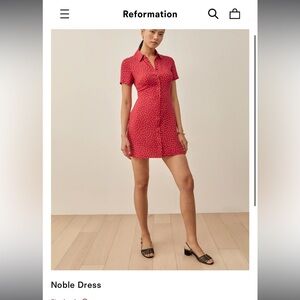 Reformation Noble mini button up dress w collar in Ditsy (Red Polka Dot Print)